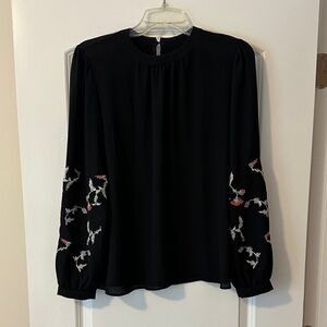 LOFT Black Blouse with Floral Embroidery